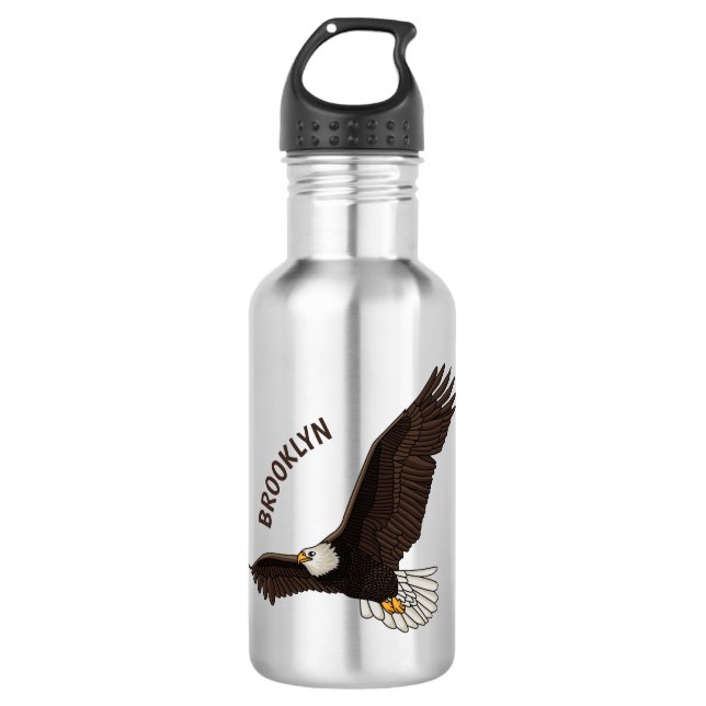 Happy flying bald eagle cartoon illustration 532 ml water bottle (Front)
