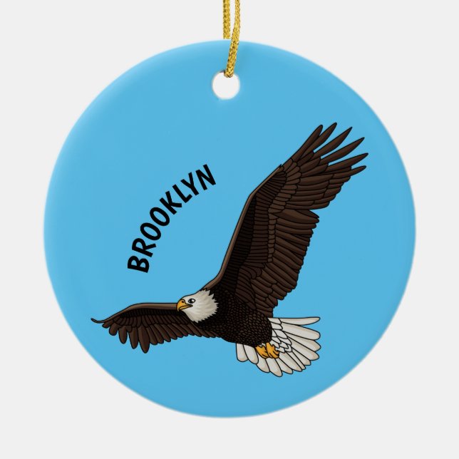 Happy flying bald eagle cartoon illustration  ceramic tree decoration (Front)