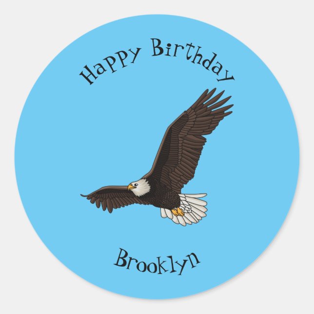 Happy flying bald eagle cartoon illustration classic round sticker (Front)