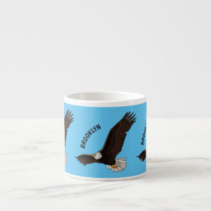 Happy flying bald eagle cartoon illustration espresso cup