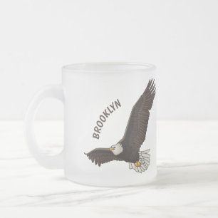 Happy flying bald eagle cartoon illustration frosted glass coffee mug