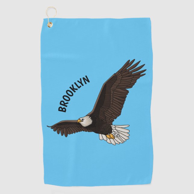 Happy flying bald eagle cartoon illustration golf towel (Front)