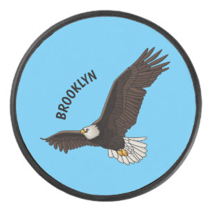 Happy flying bald eagle cartoon illustration hockey puck