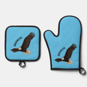Happy flying bald eagle cartoon illustration oven mitt & pot holder set