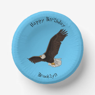 Happy flying bald eagle cartoon illustration paper plate