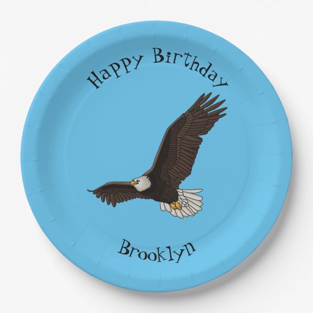 Happy flying bald eagle cartoon illustration paper plate (Front)