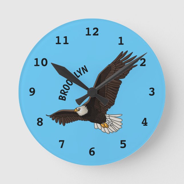 Happy flying bald eagle cartoon illustration round clock (Front)