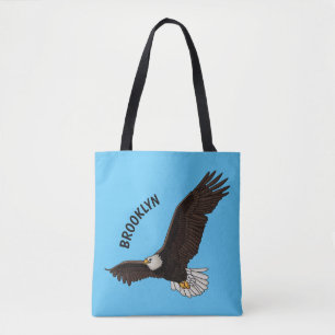 Happy flying bald eagle cartoon illustration tote bag
