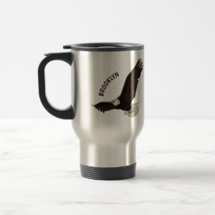 Happy flying bald eagle cartoon illustration  travel mug