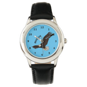 Happy flying bald eagle cartoon illustration watch