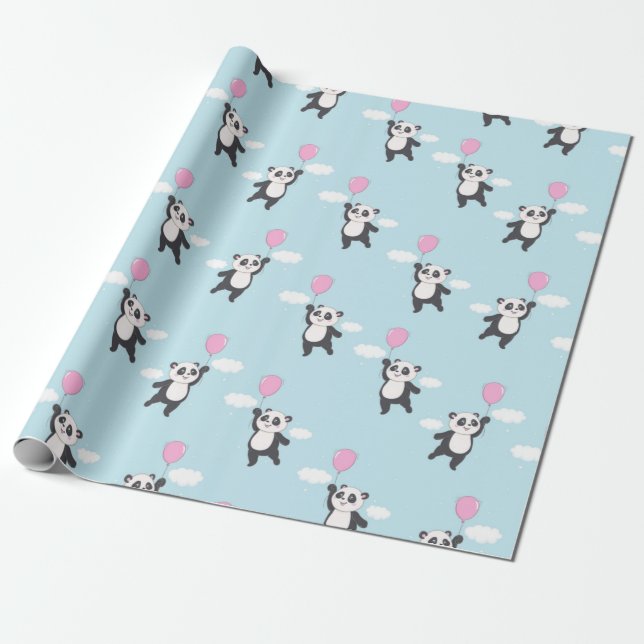 Happy Flying Panda Pattern Wrapping Paper (Unrolled)