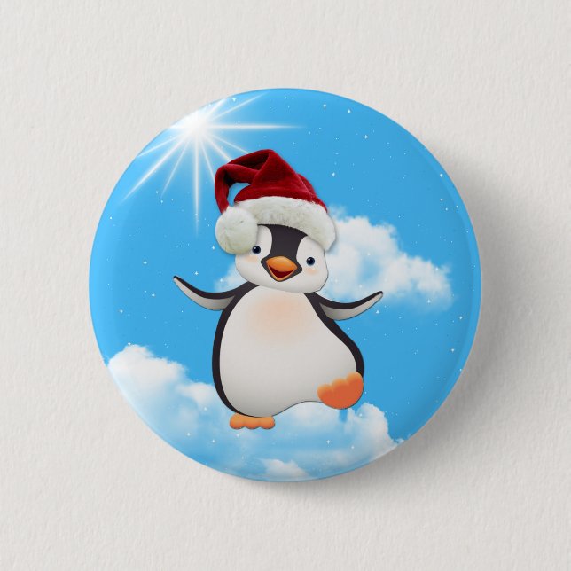 Happy Flying Penguins & Santa-hat 6 Cm Round Badge (Front)