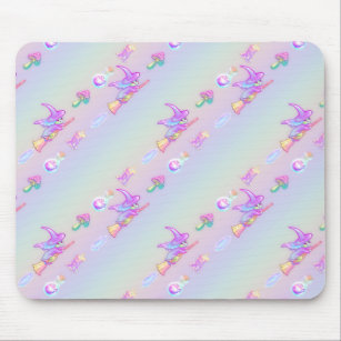 Happy Flying Witch Bright Pastel Rainbow Pattern Mouse Mat