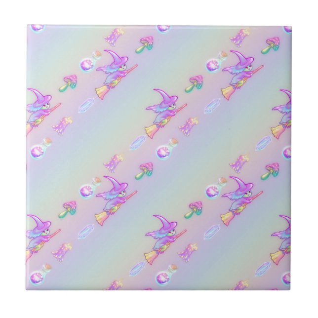 Happy Flying Witch Bright Pastel Rainbow Pattern Tile (Front)