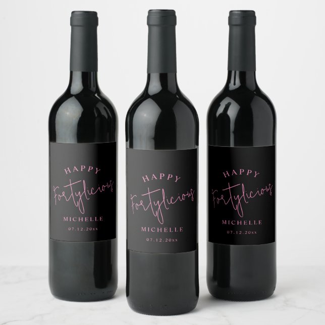 Happy Fortylicious 40th Birthday Party Pink Girly Wine Label (Bottles)