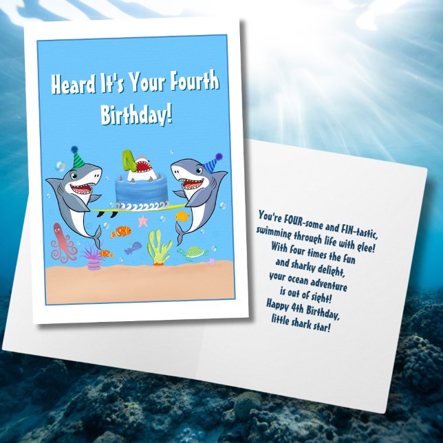 Happy Fourth Birthday Sharks with Cake Card (Creator Uploaded)