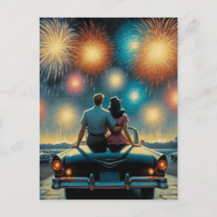 Happy Fourth of July   1950's Couple Fireworks Postcard