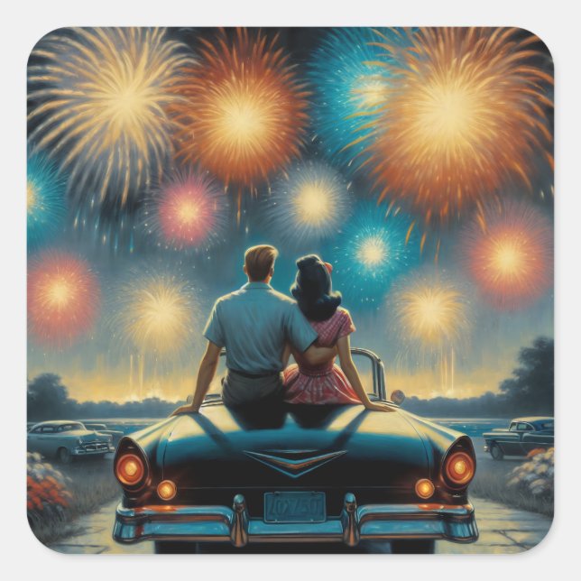 Happy Fourth of July | 1950's Couple Fireworks Square Sticker (Front)