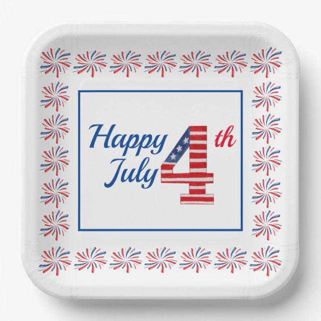 Happy Fourth of July 9" Square Paper Plate (Front)
