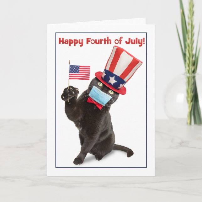Happy Fourth of July Cat in Face Mask Humor Holiday Card (Front)