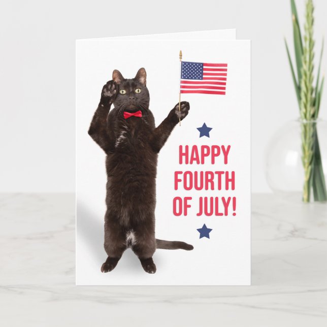 Happy Fourth of July Cite Cat Holding Flag Holiday Card (Front)