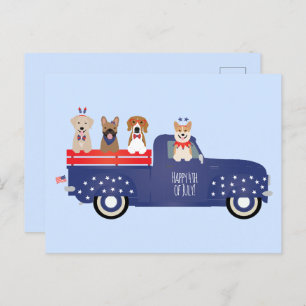 Happy Fourth Of July Dogs Pickup Truck Holiday Postcard