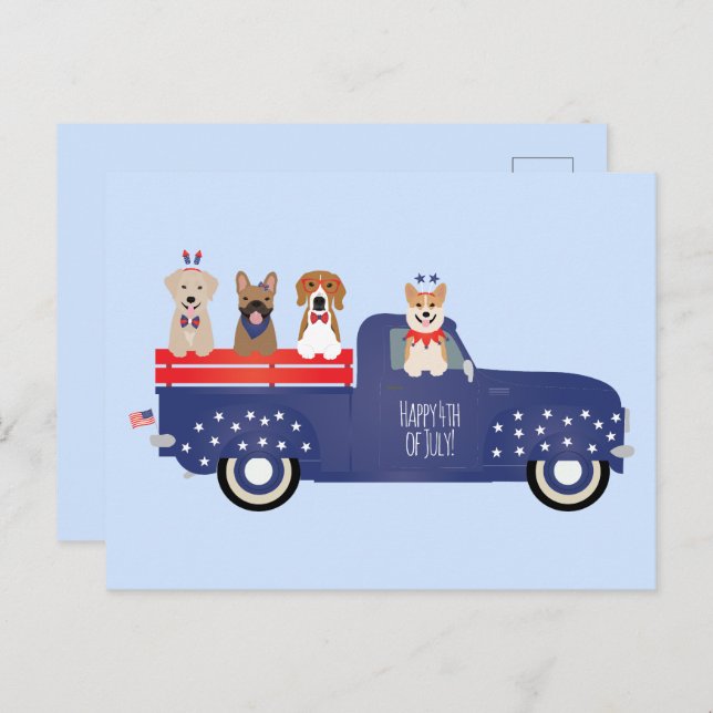 Happy Fourth Of July Dogs Pickup Truck Holiday Postcard (Front/Back)