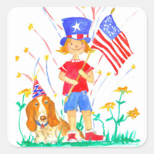 Happy Fourth of July Girl Hound Dog Square Sticker