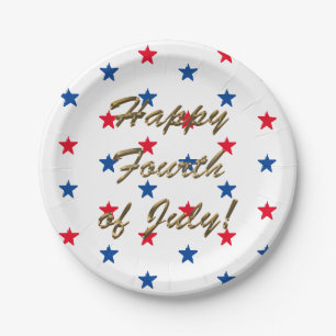 Happy fourth of July gold, red white blue stars Paper Plate