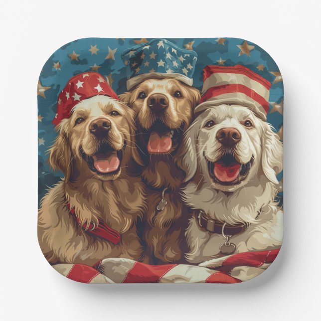 Happy Fourth Of July Golden Retriever Dogs Paper Plate (Front)