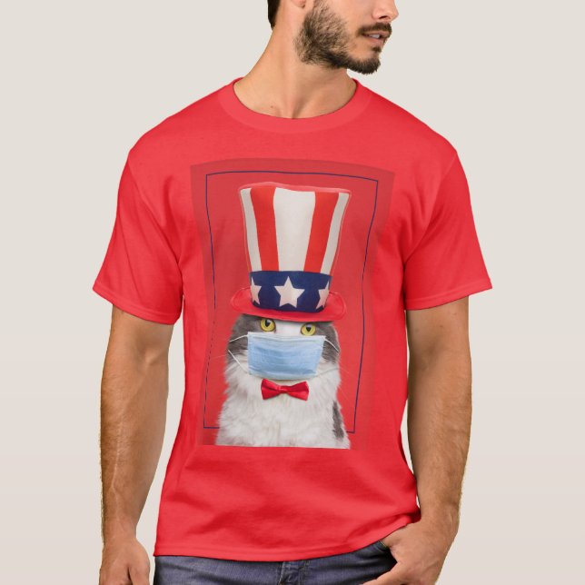 Happy Fourth of July Patriotic Cat in Face Mask T-Shirt (Front)