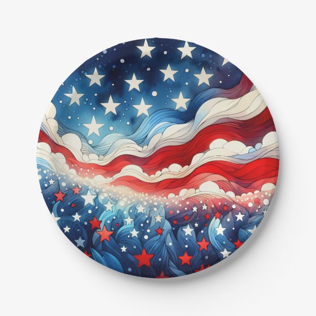 Happy Fourth of July | Patriotic Stars and Stripes Paper Plate (Front)