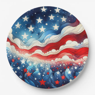 Happy Fourth of July   Patriotic Stars and Stripes Paper Plate