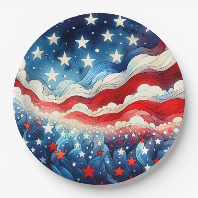 Happy Fourth of July | Patriotic Stars and Stripes Paper Plate (Front)