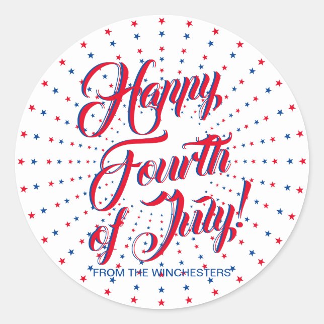 Happy Fourth of July red white blue stars custom Classic Round Sticker (Front)