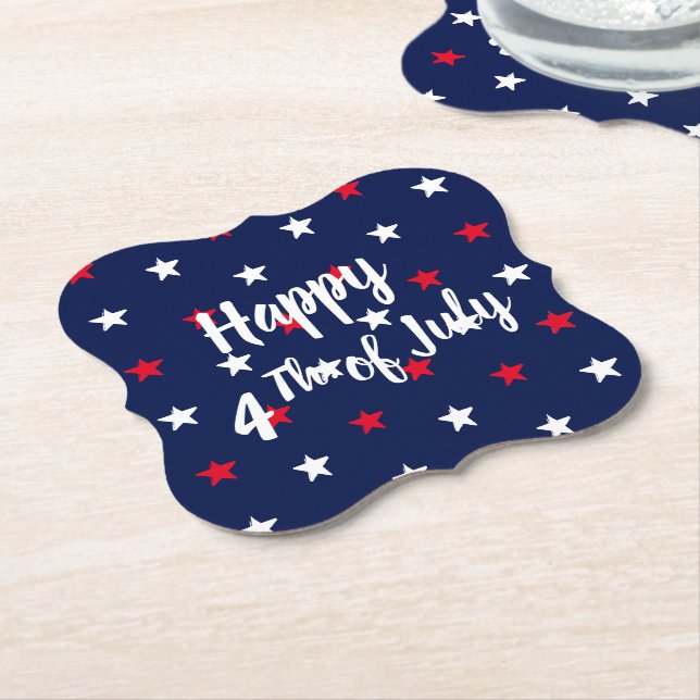 Happy fourth of July, red white navy blue stars Paper Coaster (Angled)