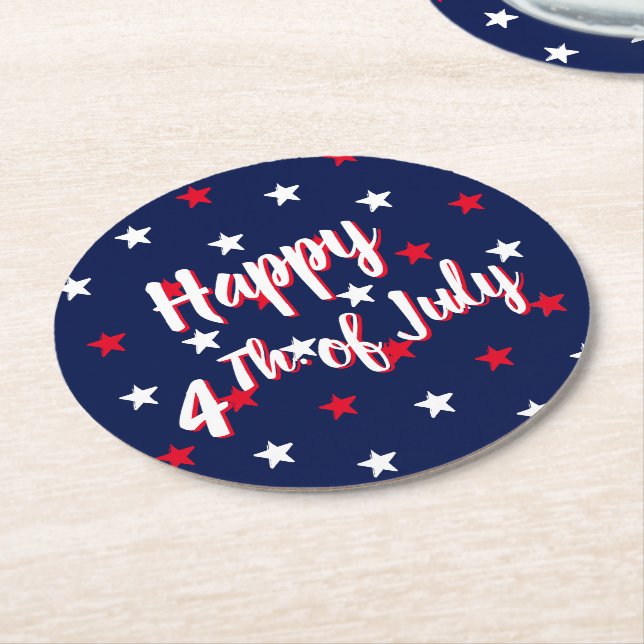 Happy fourth of July, red white navy blue stars Round Paper Coaster (Angled)