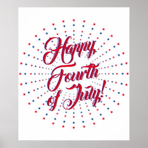 Happy Fourth of July script red white & blue stars Poster