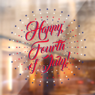 Happy Fourth of July script red white & blue stars Window Cling