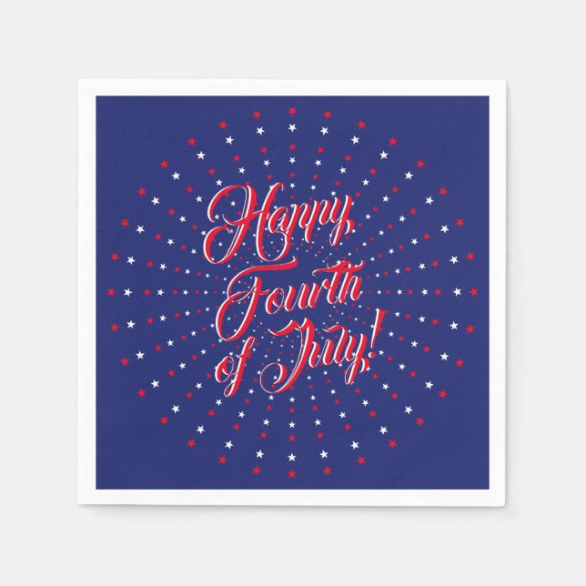 Happy Fourth of July script red white navy stars Napkin (Front)
