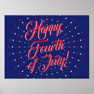 Happy Fourth of July script red white navy stars Poster