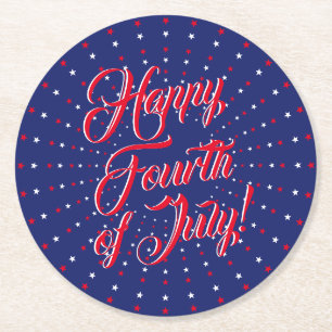 Happy Fourth of July script red white navy stars Round Paper Coaster