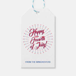 Happy Fourth of July script stars fireworks custom Gift Tags