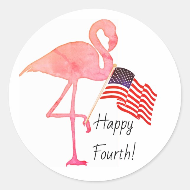Happy Fourth of July US Flag Flamingo Classic Round Sticker (Front)