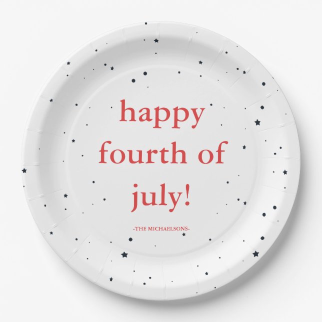 Happy Fourth of July with Name and Stars Paper Plate (Front)