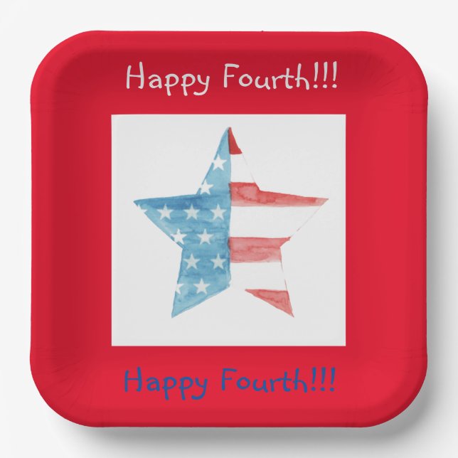 HAPPY FOURTH RED SQUARE (STAR) PAPER PLATES (Front)