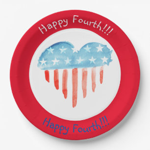 HAPPY FOURTH ROUND RED (HEART FLAG) PAPER PLATES