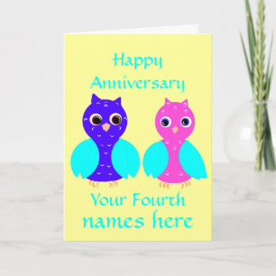 Happy Fourth Wedding Anniversary Owls Customise Card