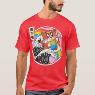 Happy Fox Eating Ramen Surfing Kanagawa Wave Kawai T-Shirt