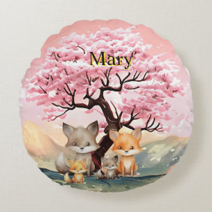 Happy Fox family enjoying the spring day Round Cushion